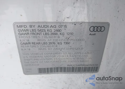 2016 Audi Q5 2.0T Premium из США, поврежденный, VIN WA1C2AFP6GA030538